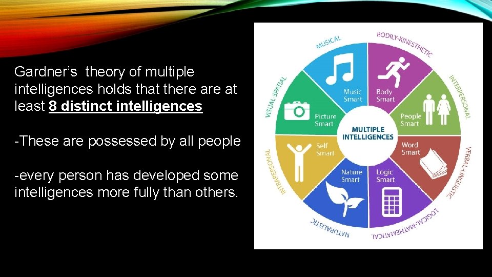 Gardner’s theory of multiple intelligences holds that there at least 8 distinct intelligences -These