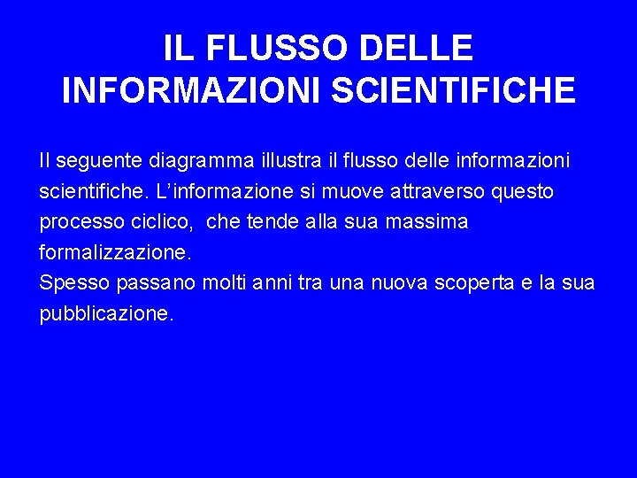 IL FLUSSO DELLE INFORMAZIONI SCIENTIFICHE Il seguente diagramma illustra il flusso delle informazioni scientifiche.