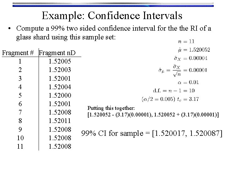 Example: Confidence Intervals • Compute a 99% two sided confidence interval for the RI