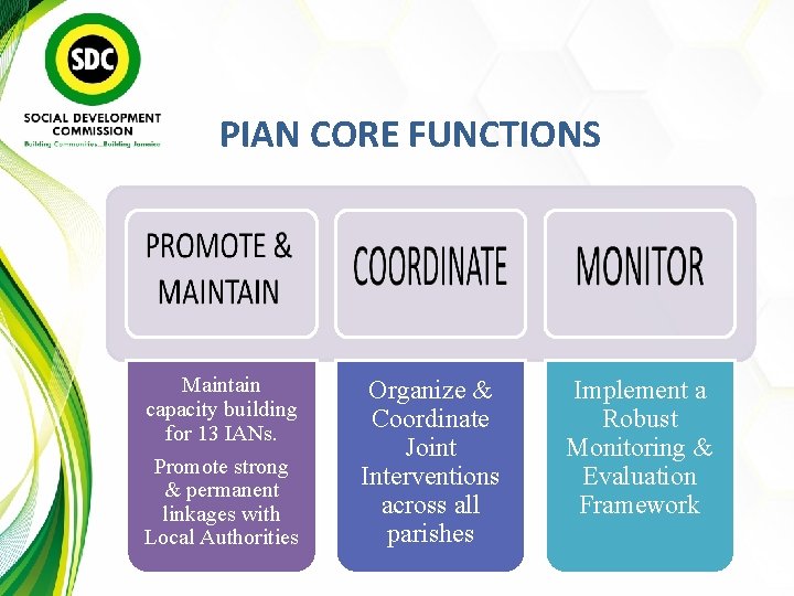 PIAN CORE FUNCTIONS Maintain capacity building for 13 IANs. Promote strong & permanent linkages