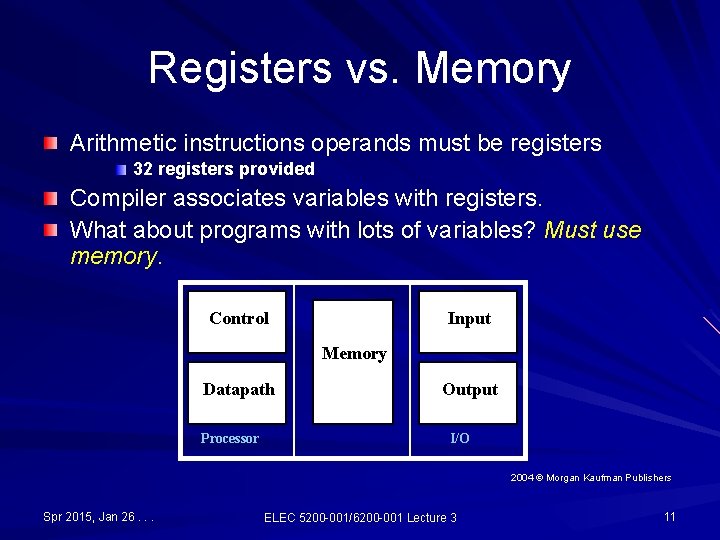 Registers vs. Memory Arithmetic instructions operands must be registers 32 registers provided Compiler associates Registers vs. Memory Arithmetic instructions operands must be registers 32 registers provided Compiler associates