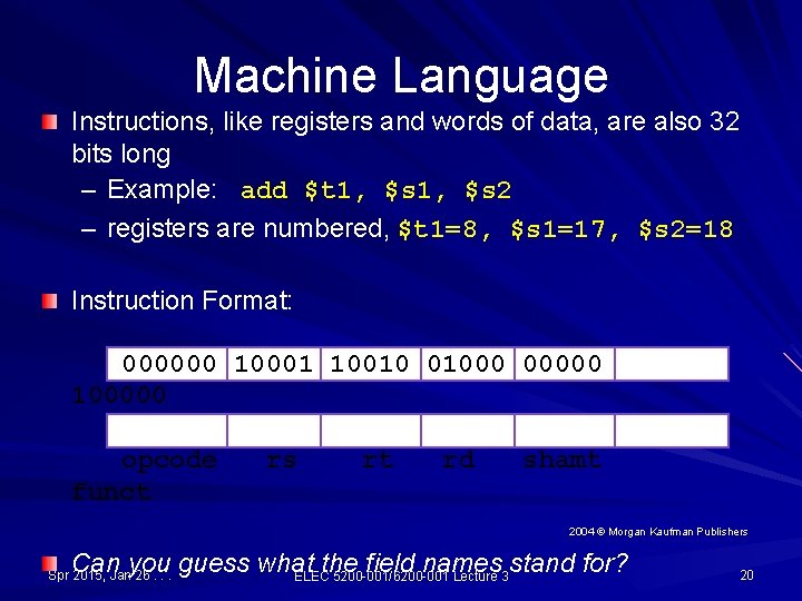 Machine Language Instructions, like registers and words of data, are also 32 bits long Machine Language Instructions, like registers and words of data, are also 32 bits long