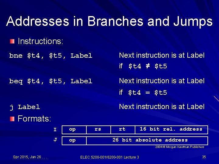 Addresses in Branches and Jumps Instructions: bne $t 4, $t 5, Label Next instruction Addresses in Branches and Jumps Instructions: bne $t 4, $t 5, Label Next instruction