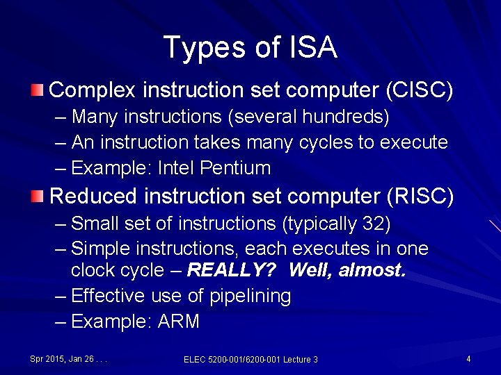 Types of ISA Complex instruction set computer (CISC) – Many instructions (several hundreds) – Types of ISA Complex instruction set computer (CISC) – Many instructions (several hundreds) –