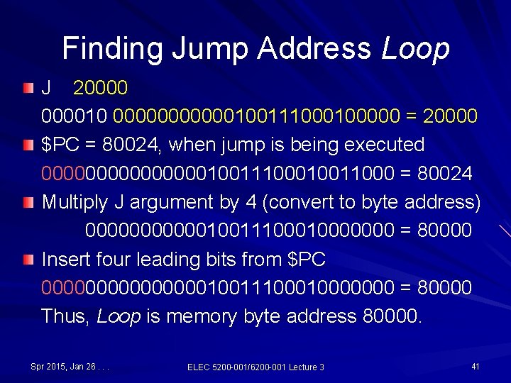 Finding Jump Address Loop J 2000010 00000010011100000 = 20000 $PC = 80024, when jump Finding Jump Address Loop J 2000010 00000010011100000 = 20000 $PC = 80024, when jump