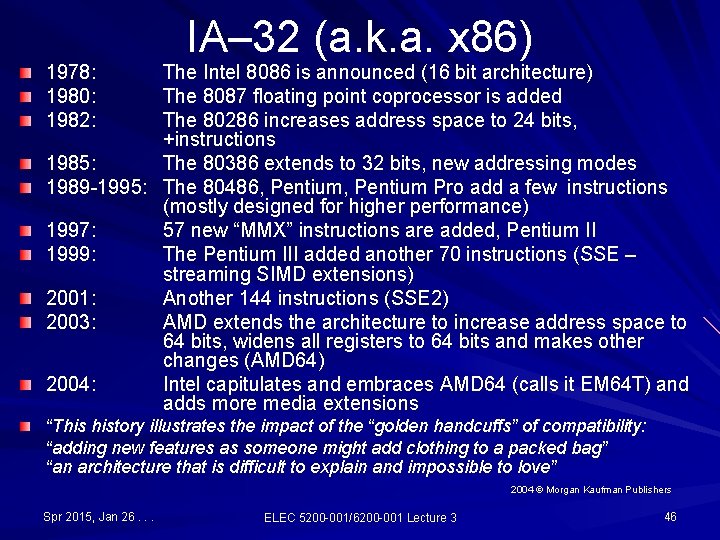1978: 1980: 1982: IA– 32 (a. k. a. x 86) The Intel 8086 is 1978: 1980: 1982: IA– 32 (a. k. a. x 86) The Intel 8086 is