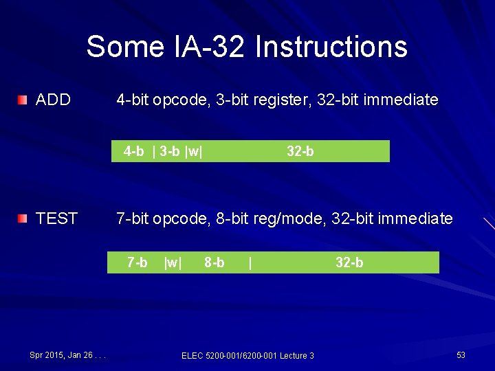Some IA-32 Instructions ADD 4 -bit opcode, 3 -bit register, 32 -bit immediate 4 Some IA-32 Instructions ADD 4 -bit opcode, 3 -bit register, 32 -bit immediate 4
