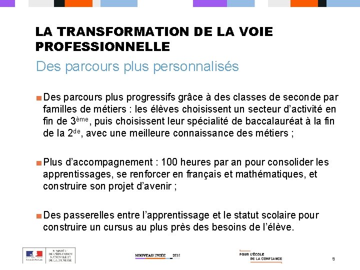 LA TRANSFORMATION DE LA VOIE PROFESSIONNELLE Des parcours plus personnalisés ■ Des parcours plus