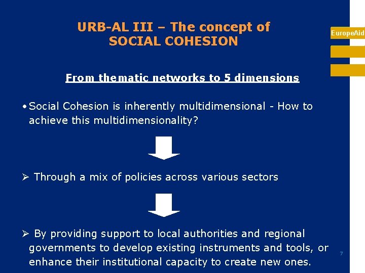 URB-AL III – The concept of SOCIAL COHESION Europe. Aid From thematic networks to