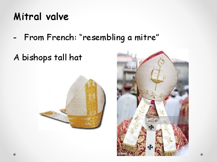 Mitral valve - From French: “resembling a mitre” A bishops tall hat Mitral valve - From French: “resembling a mitre” A bishops tall hat