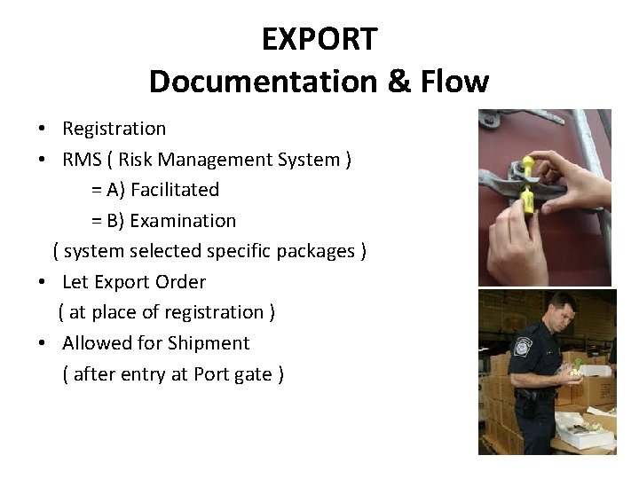 EXPORT Documentation & Flow • Registration • RMS ( Risk Management System ) =