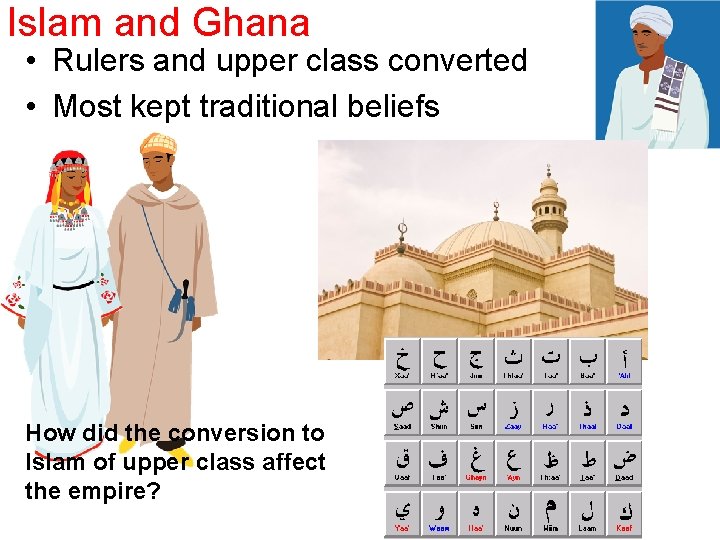 Islam and Ghana • Rulers and upper class converted • Most kept traditional beliefs