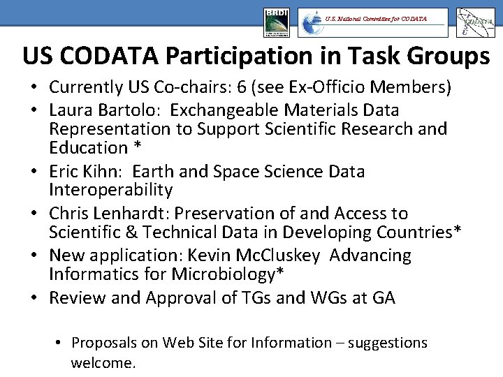 U. S. National Committee for CODATA US CODATA Participation in Task Groups • Currently