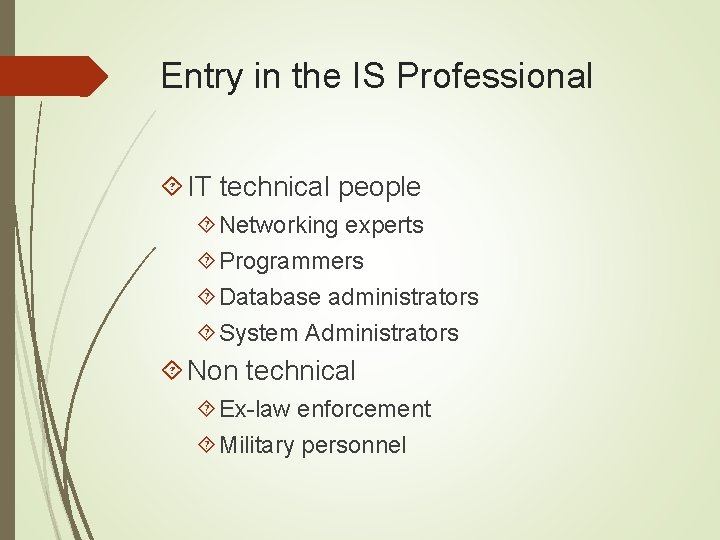Entry in the IS Professional IT technical people Networking experts Programmers Database administrators System