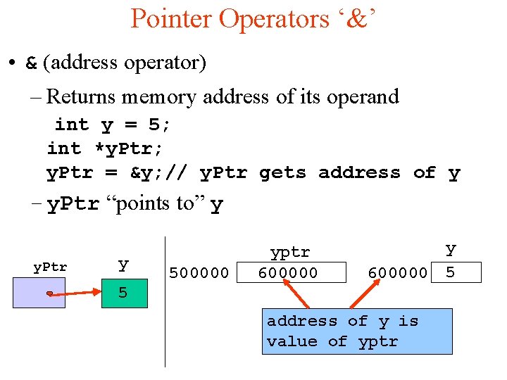 Pointer Operators ‘&’ • & (address operator) – Returns memory address of its operand