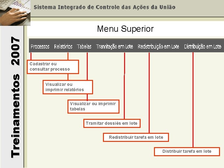 Treinamentos 2007 Menu Superior Cadastrar ou consultar processo Visualizar ou imprimir relatórios Visualizar ou