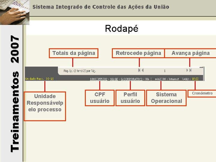 Treinamentos 2007 Rodapé Totais da página Unidade Responsávelp elo processo CPF usuário Retrocede página