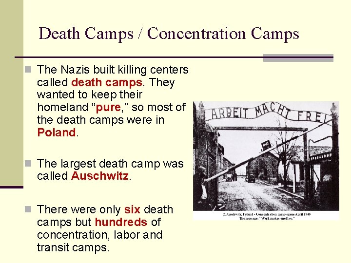 Death Camps / Concentration Camps n The Nazis built killing centers called death camps.