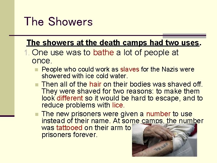 The Showers The showers at the death camps had two uses. 1. One use