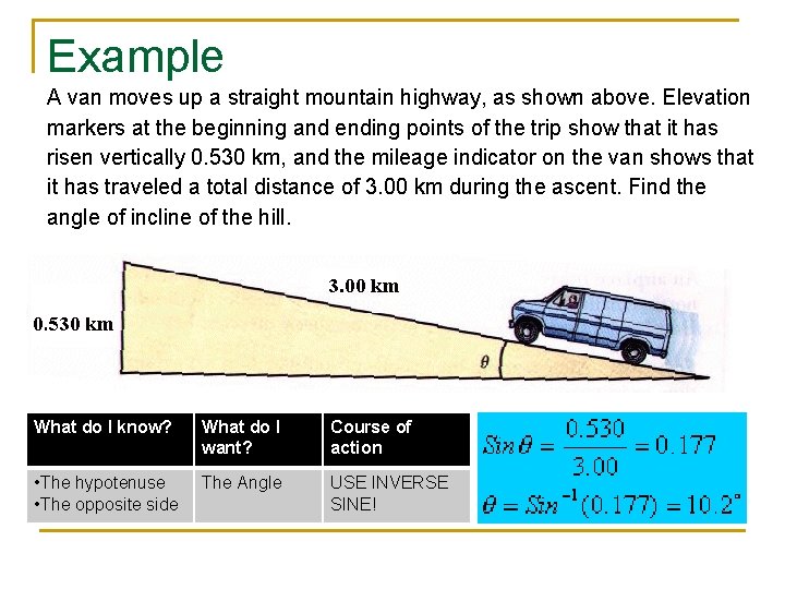 Example A van moves up a straight mountain highway, as shown above. Elevation markers