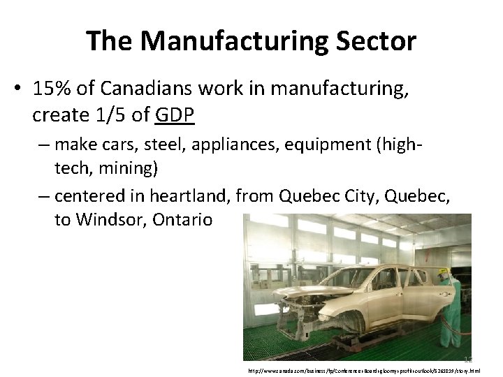 The Manufacturing Sector • 15% of Canadians work in manufacturing, create 1/5 of GDP