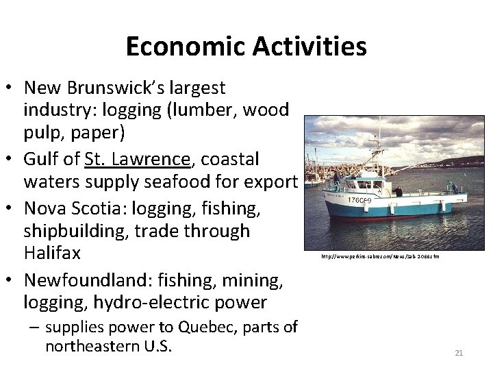 Economic Activities • New Brunswick’s largest industry: logging (lumber, wood pulp, paper) • Gulf