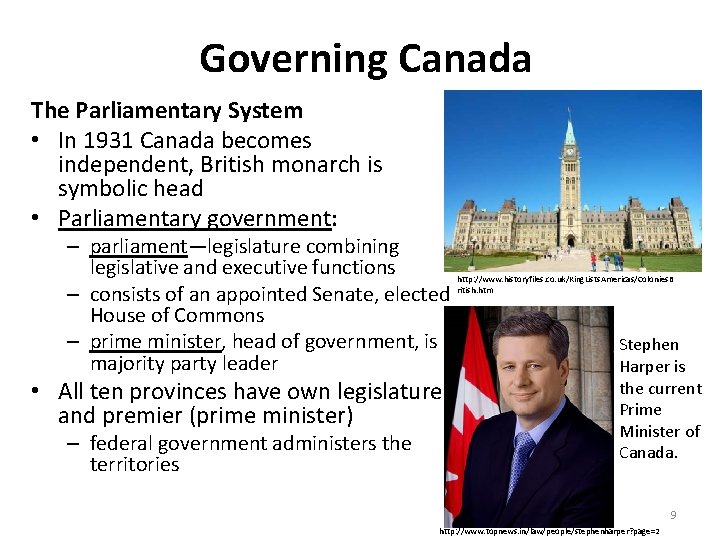 Governing Canada The Parliamentary System • In 1931 Canada becomes independent, British monarch is