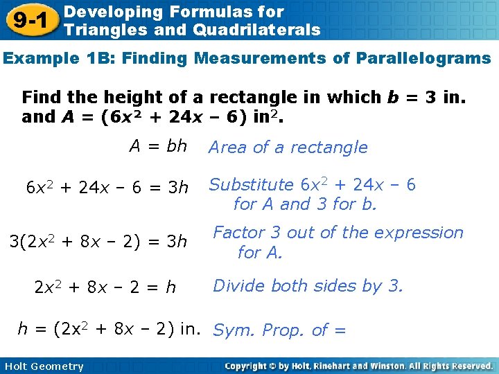 9 -1 Developing Formulas for Triangles and Quadrilaterals Example 1 B: Finding Measurements of