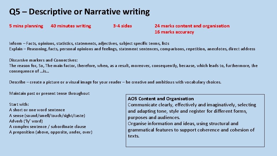 Q 5 – Descriptive or Narrative writing 5 mins planning 40 minutes writing 3