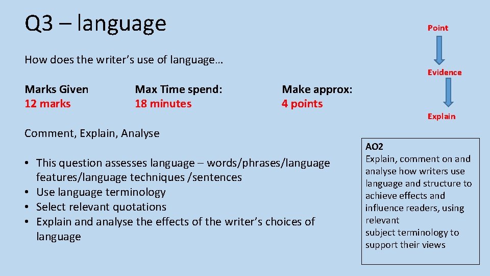 Q 3 – language Point How does the writer’s use of language… Marks Given