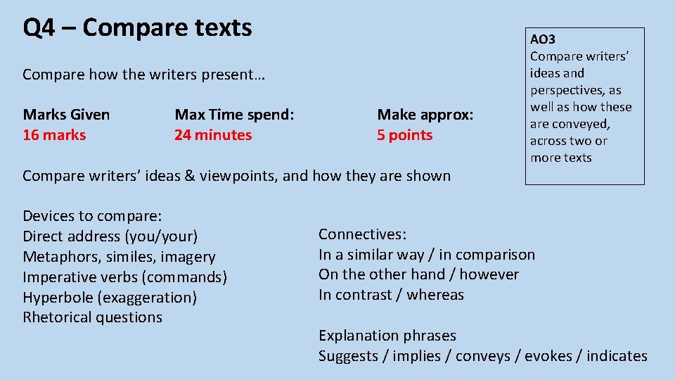 Q 4 – Compare texts Compare how the writers present… Marks Given 16 marks