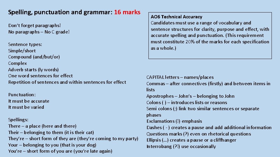 Spelling, punctuation and grammar: 16 marks Don’t forget paragraphs! No paragraphs – No C