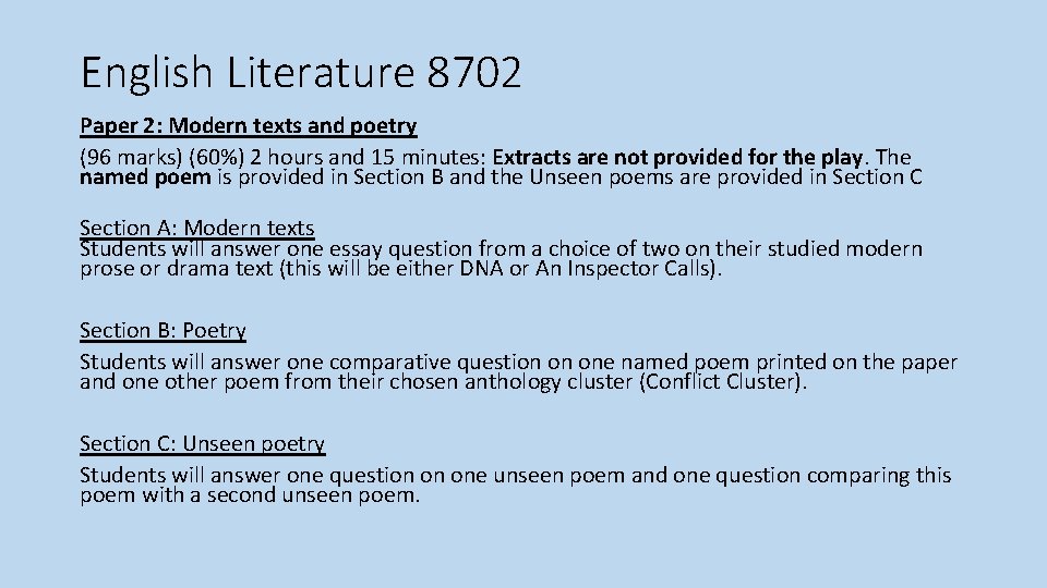 English Literature 8702 Paper 2: Modern texts and poetry (96 marks) (60%) 2 hours