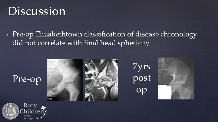 Discussion • Pre-op Elizabethtown classification of disease chronology did not correlate with final head