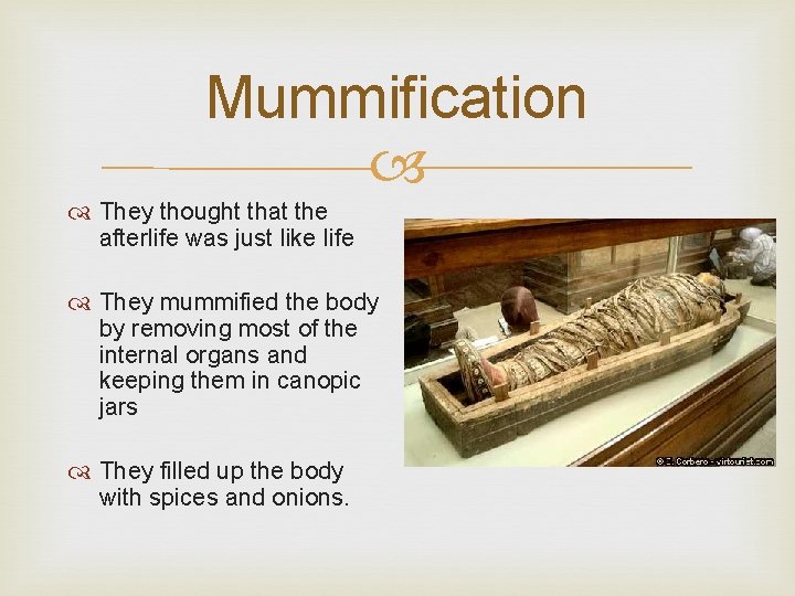 Mummification They thought that the afterlife was just like life They mummified the body