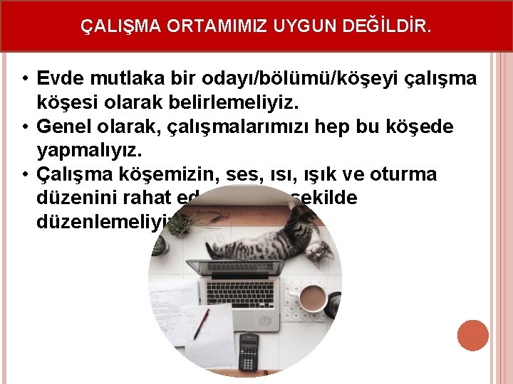 ÇALIŞMA ORTAMIMIZ UYGUN DEĞİLDİR. • Evde mutlaka bir odayı/bölümü/köşeyi çalışma köşesi olarak belirlemeliyiz. •