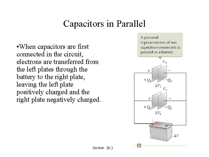 Capacitors in Parallel • When capacitors are first connected in the circuit, electrons are