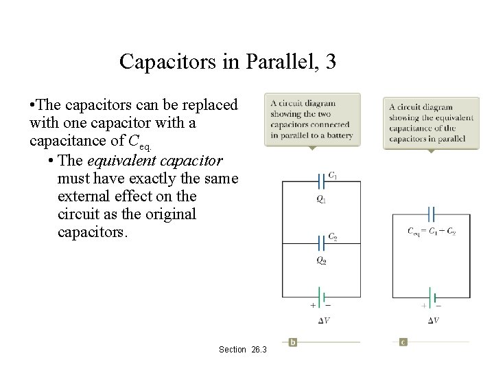 Capacitors in Parallel, 3 • The capacitors can be replaced with one capacitor with