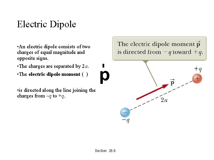 Electric Dipole • An electric dipole consists of two charges of equal magnitude and