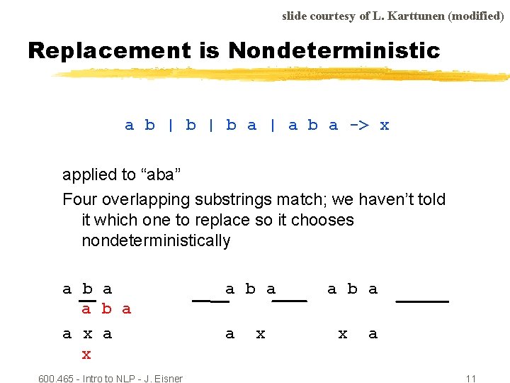 slide courtesy of L. Karttunen (modified) Replacement is Nondeterministic a b | b a