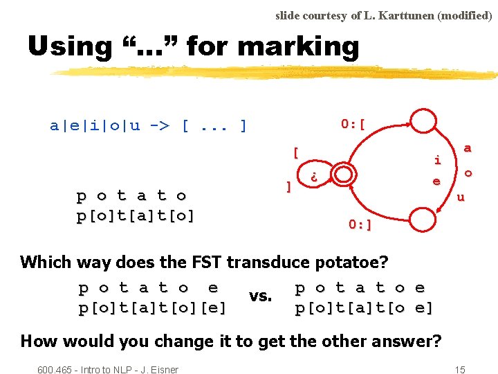 slide courtesy of L. Karttunen (modified) Using “…” for marking a|e|i|o|u -> [. .
