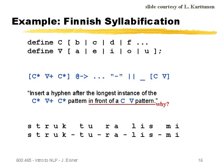 slide courtesy of L. Karttunen Example: Finnish Syllabification define C [ b | c
