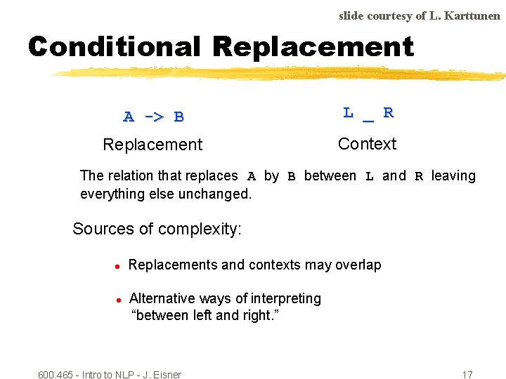 slide courtesy of L. Karttunen Conditional Replacement A -> B L _ R Replacement