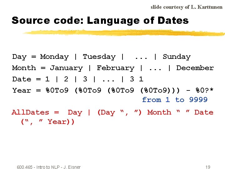 slide courtesy of L. Karttunen Source code: Language of Dates Day = Monday |