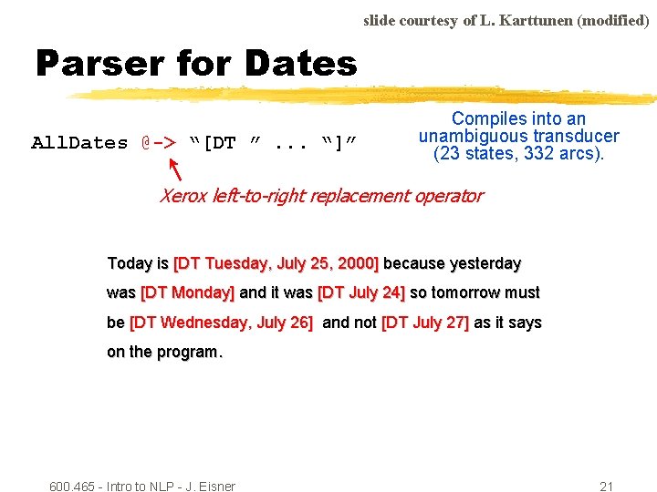 slide courtesy of L. Karttunen (modified) Parser for Dates All. Dates @-> “[DT ”.
