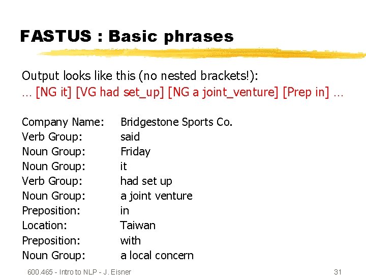 FASTUS : Basic phrases Output looks like this (no nested brackets!): … [NG it]