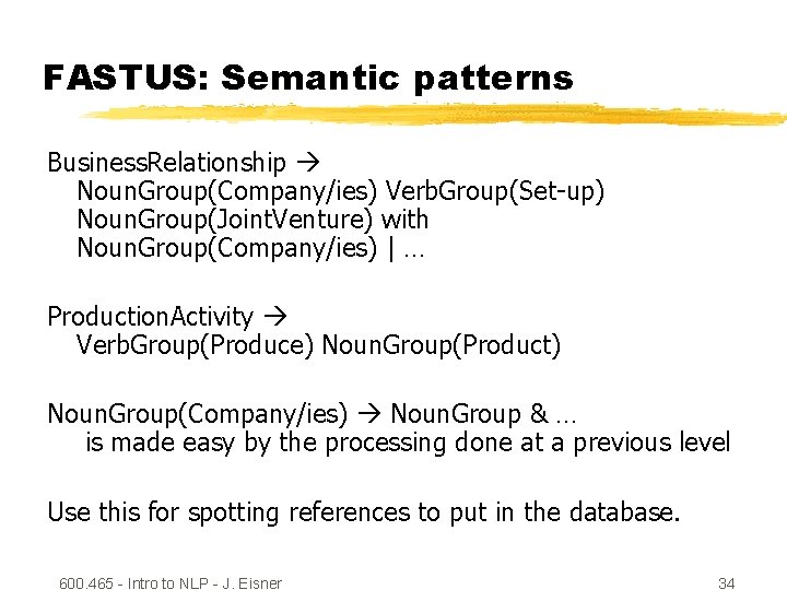 FASTUS: Semantic patterns Business. Relationship Noun. Group(Company/ies) Verb. Group(Set-up) Noun. Group(Joint. Venture) with Noun.