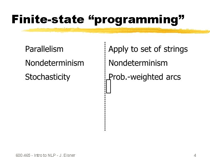 Finite-state “programming” 600. 465 - Intro to NLP - J. Eisner 4 