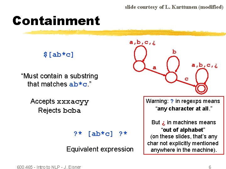 slide courtesy of L. Karttunen (modified) Containment a, b, c, ¿ b $[ab*c] a,