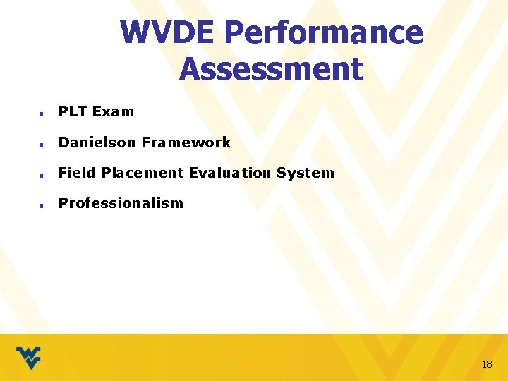 WVDE Performance Assessment ■ PLT Exam ■ Danielson Framework ■ Field Placement Evaluation System